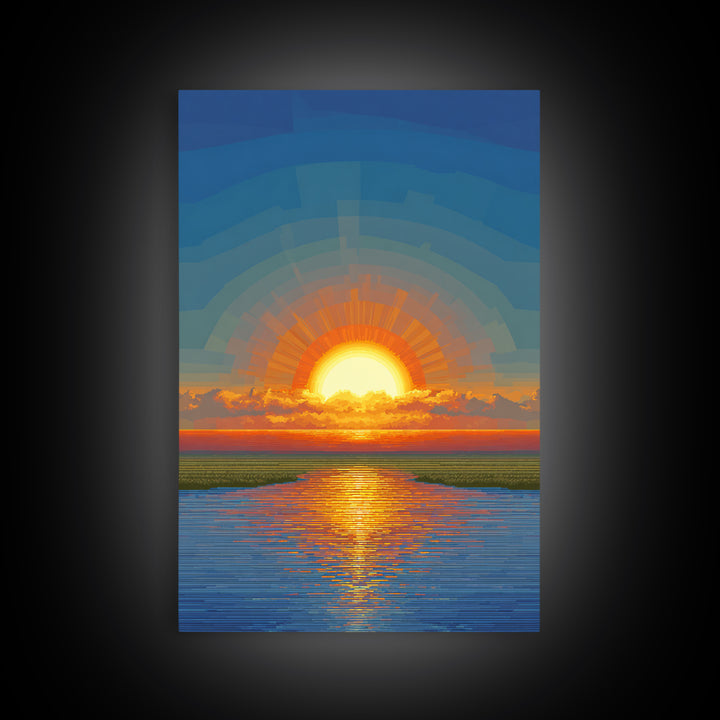 Golden Sunrise Over Calm Water Wall Art, Pixel Style Midcentury Poster, Modern Abstract Landscape, Living Room Decor Print