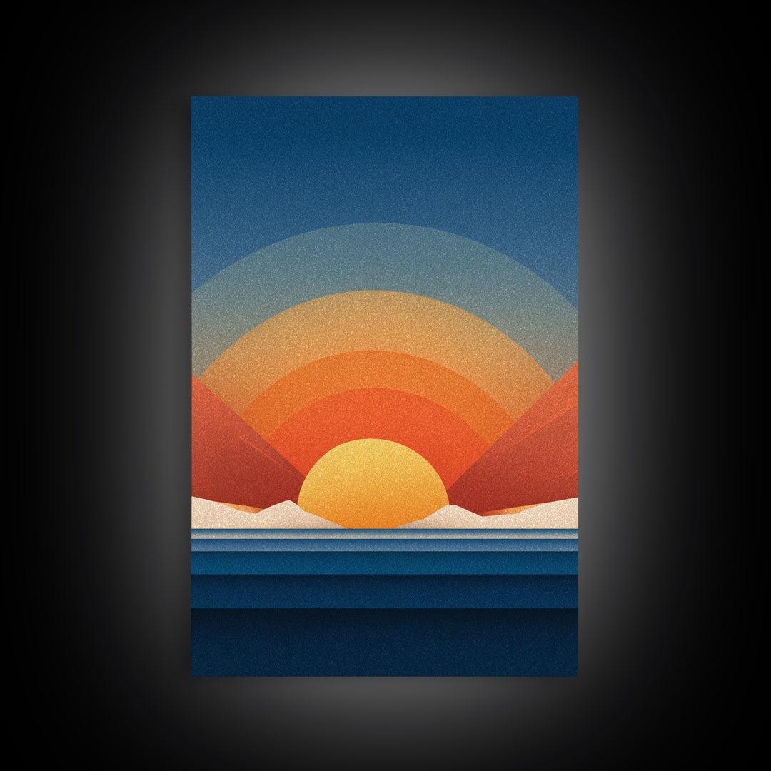 Geometric Desert Sunrise With Red Mountains Framed Canvas Print, Midcentury Modern Wall Art, Orange Blue Abstract Decor Poster