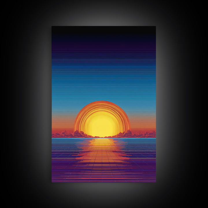 Neon Retro Sunset Over Ocean Grid Wall Art, Synthwave 80s Poster, Vaporwave Decor, Modern Digital Art, Blue Orange Print