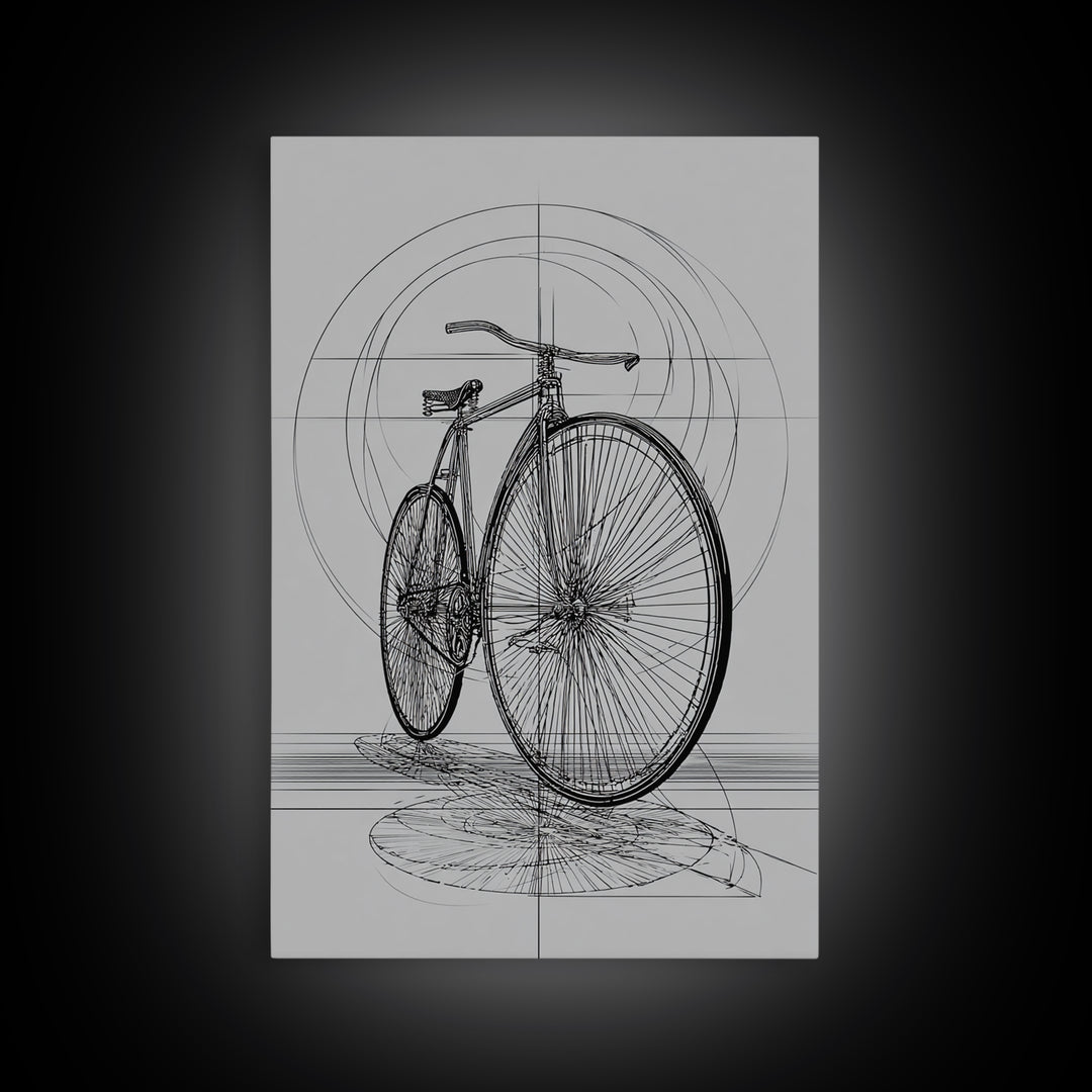 Antique Penny Farthing Technical Drawing Wall Art, Black White Bicycle Poster, Architectural Art, Geometric Lines, Office Decor