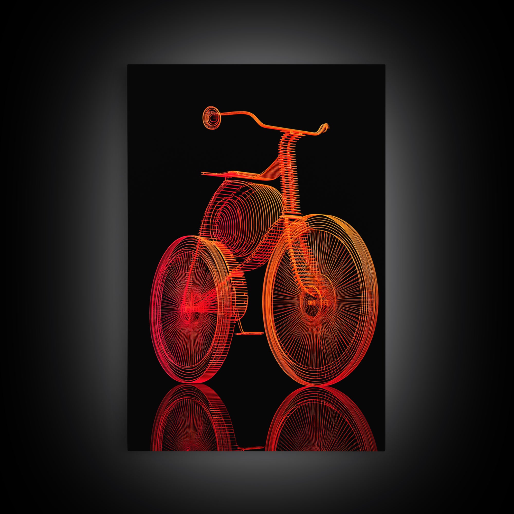 Neon Orange Tricycle Line Art Canvas Print, Black Background Retro Poster, Modern Digital Art, Atomic Decor, Kids Room Art