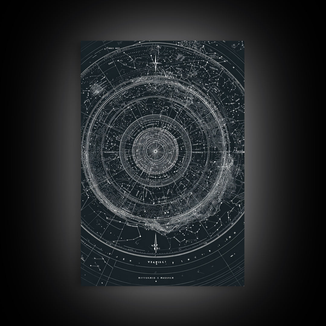 Circular Zodiac Sky Map Wall Art, Black White Astronomy Poster, Geometric Celestial Chart, Modern Art Print, Office Decor
