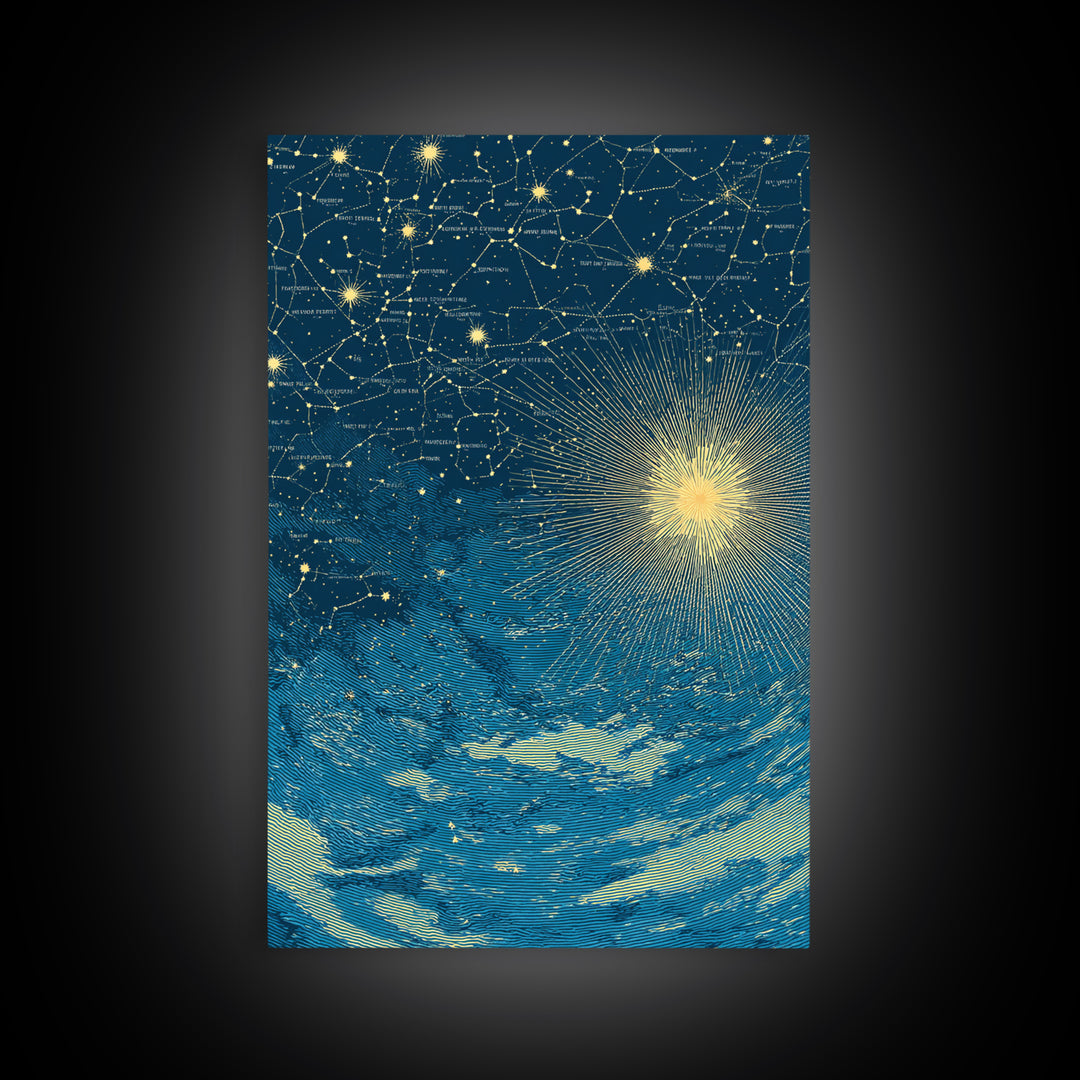 Blue Gold Celestial Starburst Canvas Print, Constellation Night Sky Wall Art, Space Abstract Art, Modern Poster, Spiritual Decor