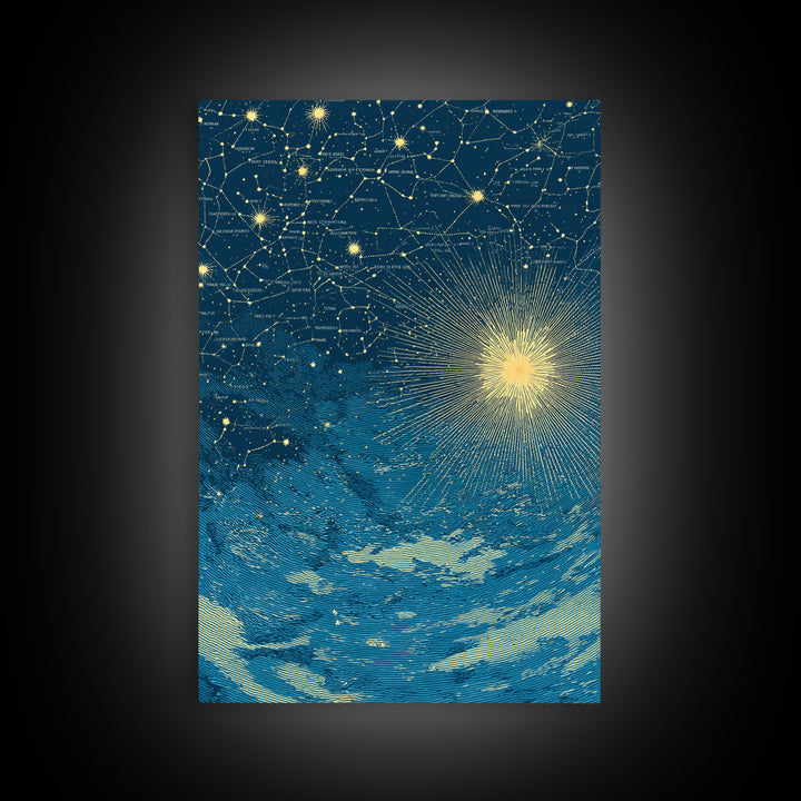 Blue Gold Celestial Starburst Canvas Print, Constellation Night Sky Wall Art, Space Abstract Art, Modern Poster, Spiritual Decor