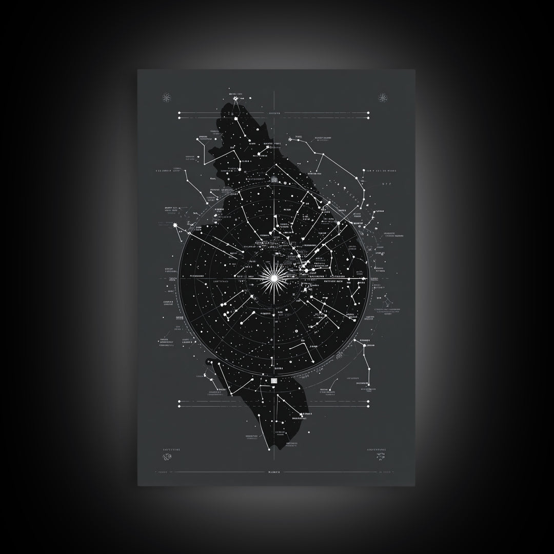 Dark Celestial Star Map Canvas Print, Constellation Wall Art, Cosmic Geometric Poster, Modern Sci Fi Office Home Decor Gift