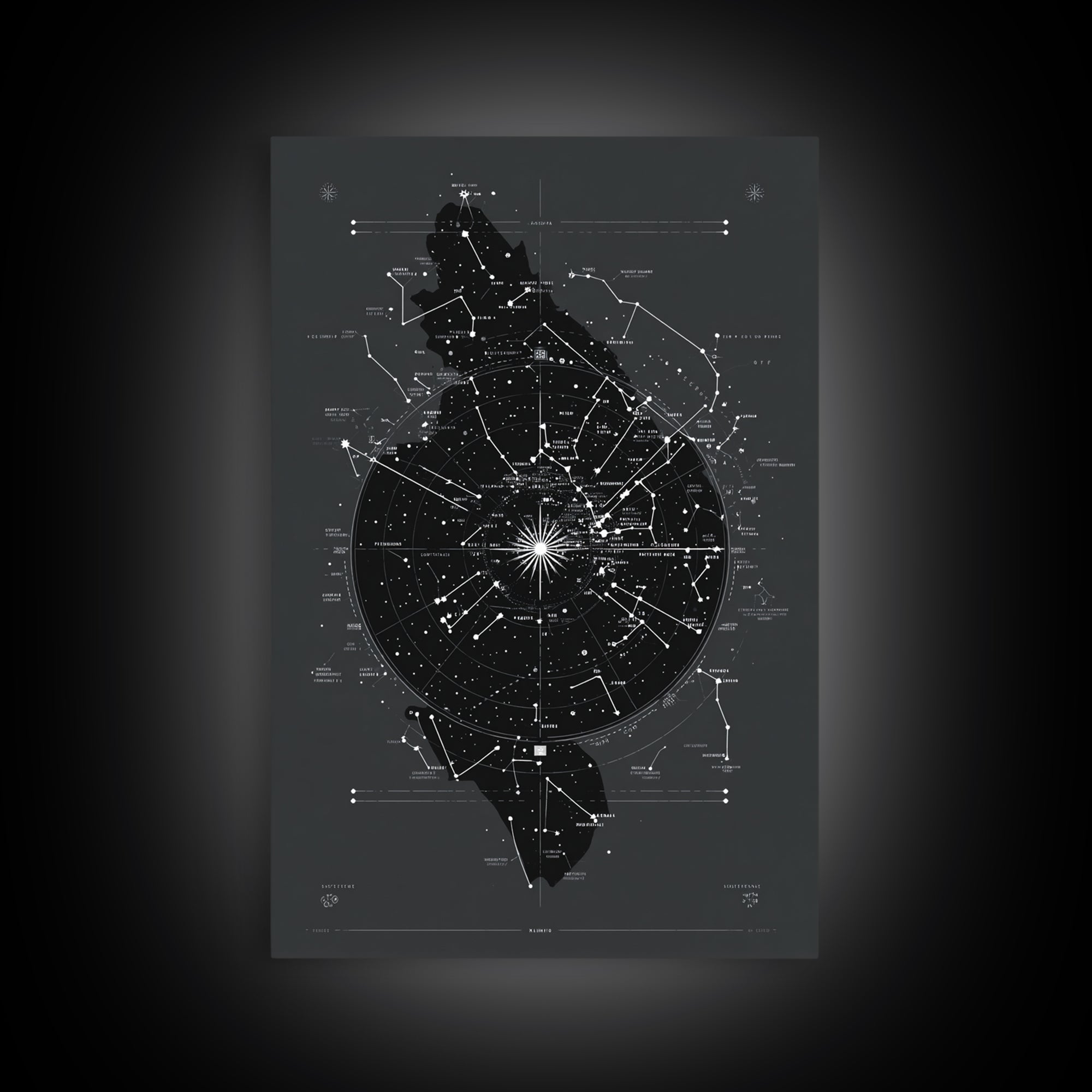 Dark Celestial Star Map Canvas Print, Constellation Wall Art, Cosmic Geometric Poster, Modern Sci Fi Office Home Decor Gift