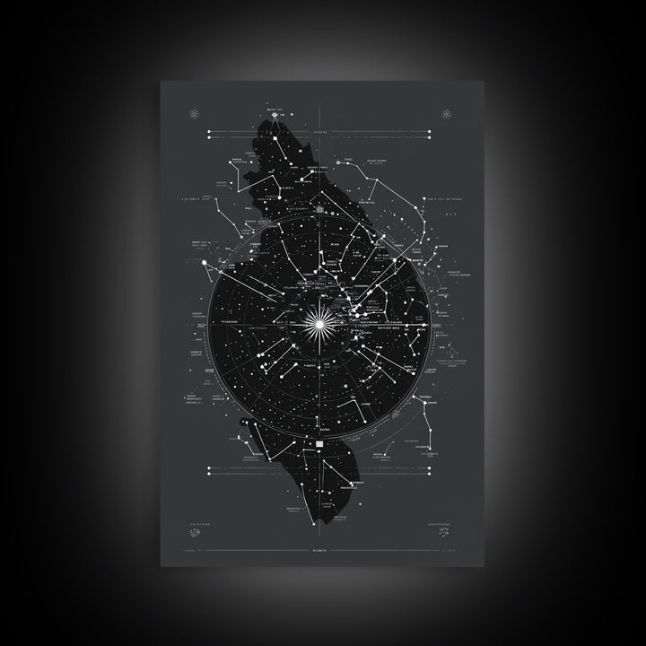 Dark Celestial Star Map Canvas Print, Constellation Wall Art, Cosmic Geometric Poster, Modern Sci Fi Office Home Decor Gift