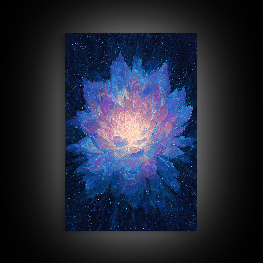 Radiant Blue Lotus Canvas Print, Spiritual Floral Wall Art, Luminous Abstract Flower Poster, Yoga Meditation Room Decor Gift