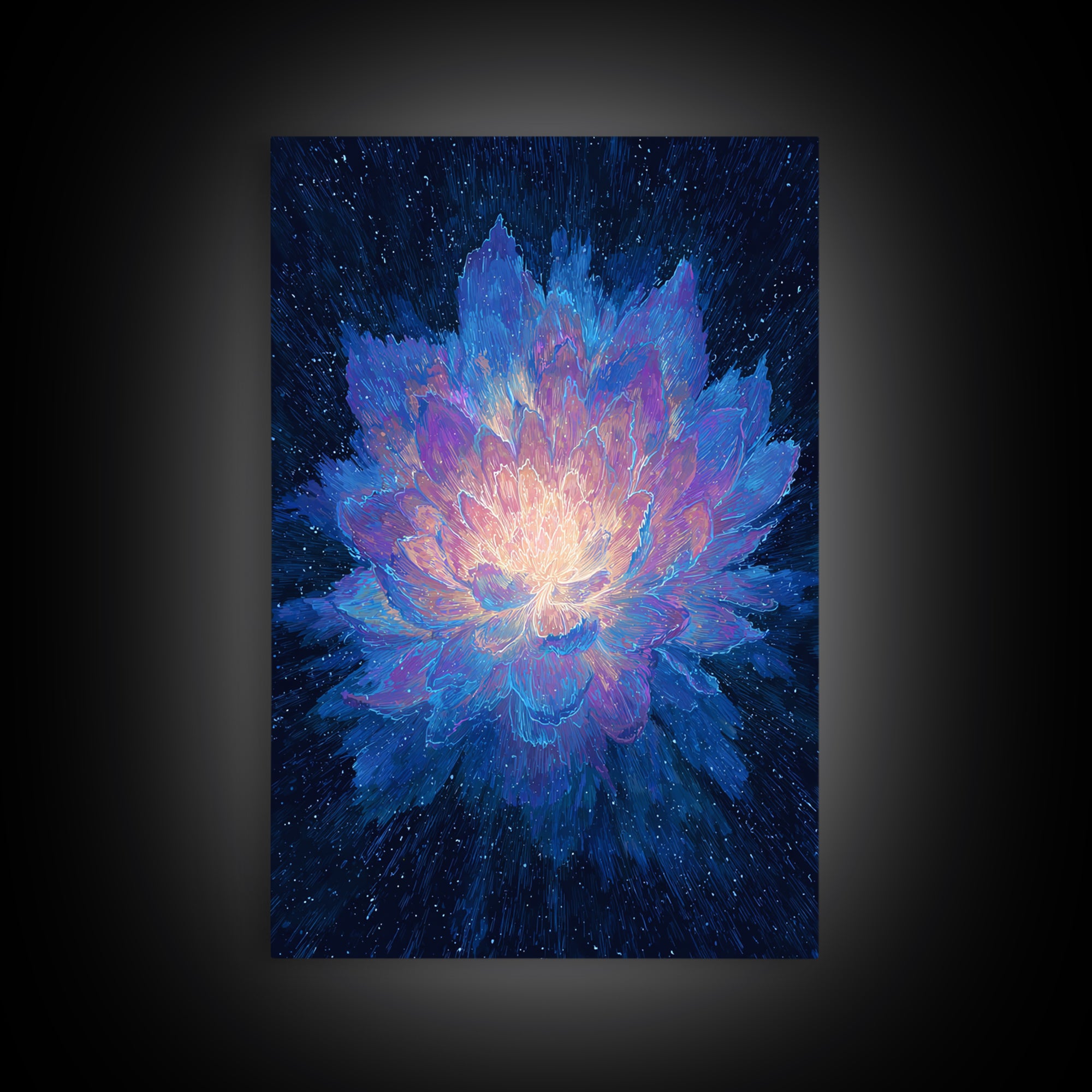 Radiant Blue Lotus Canvas Print, Spiritual Floral Wall Art, Luminous Abstract Flower Poster, Yoga Meditation Room Decor Gift
