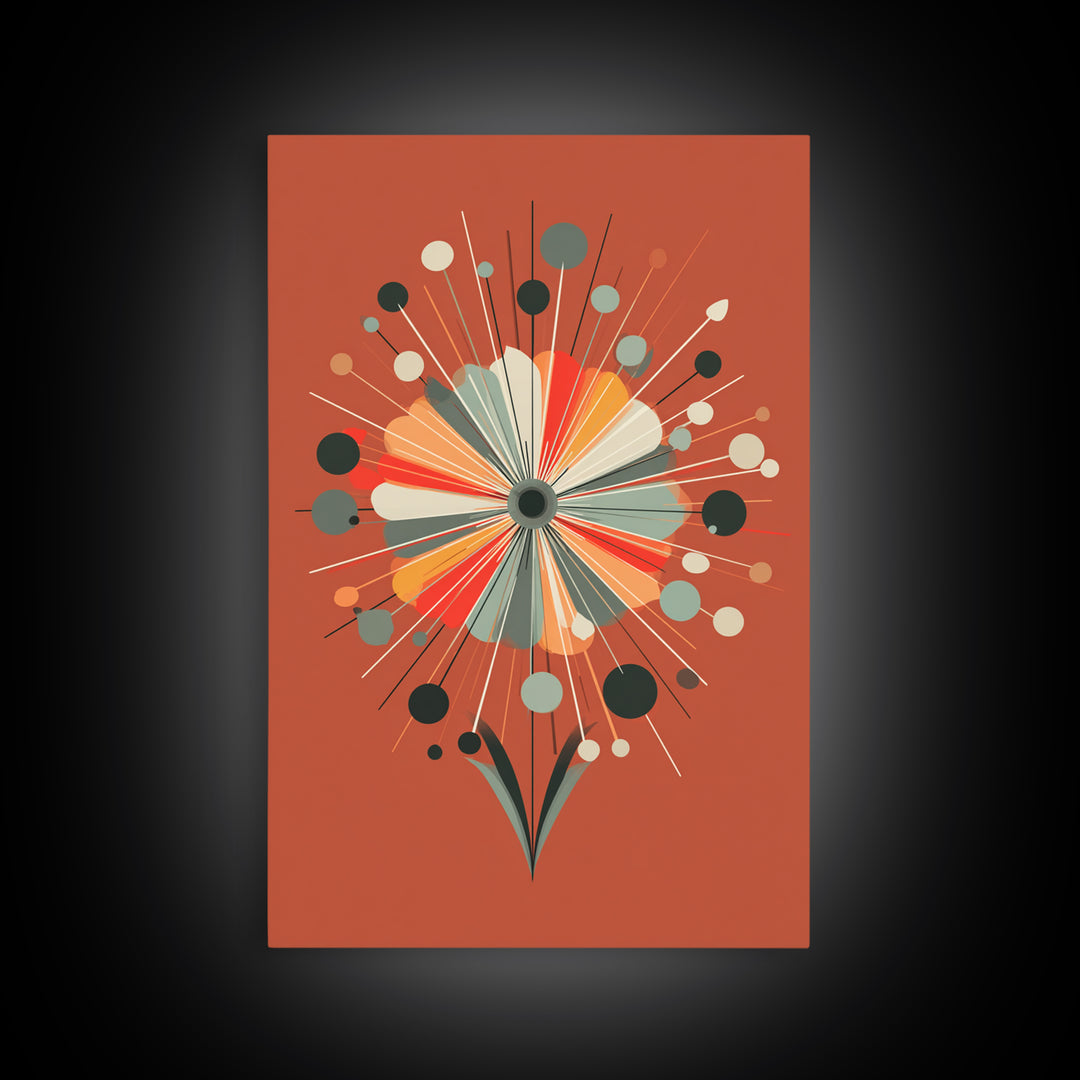 Rust Orange Atomic Flower Wall Art, Midcentury Modern Canvas Print, Geometric Retro Poster, MCM Living Room Decor Gift Idea