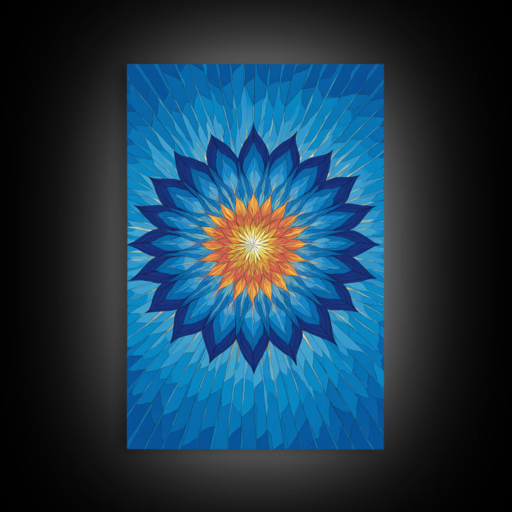 Blue Geometric Lotus Mandala Canvas Print, Abstract Floral Wall Art, Modern Spiritual Poster, Yoga Meditation Decor Gift Idea