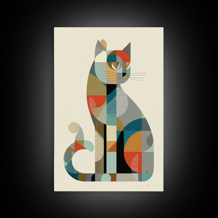 Minimalist Geometric Cat Framed Canvas Print, Midcentury Modern Animal Art, Bauhaus Poster, Neutral Scandinavian Decor Gift