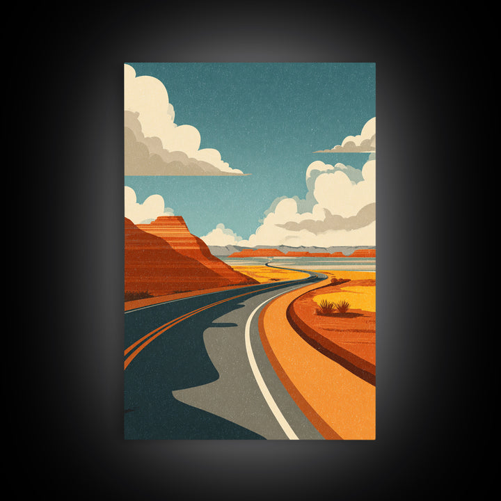 Winding Desert Highway With Red Mesas Wall Art, Mid Century Modern Travel Poster, Retro Southwest Road Trip Decor Print Gift