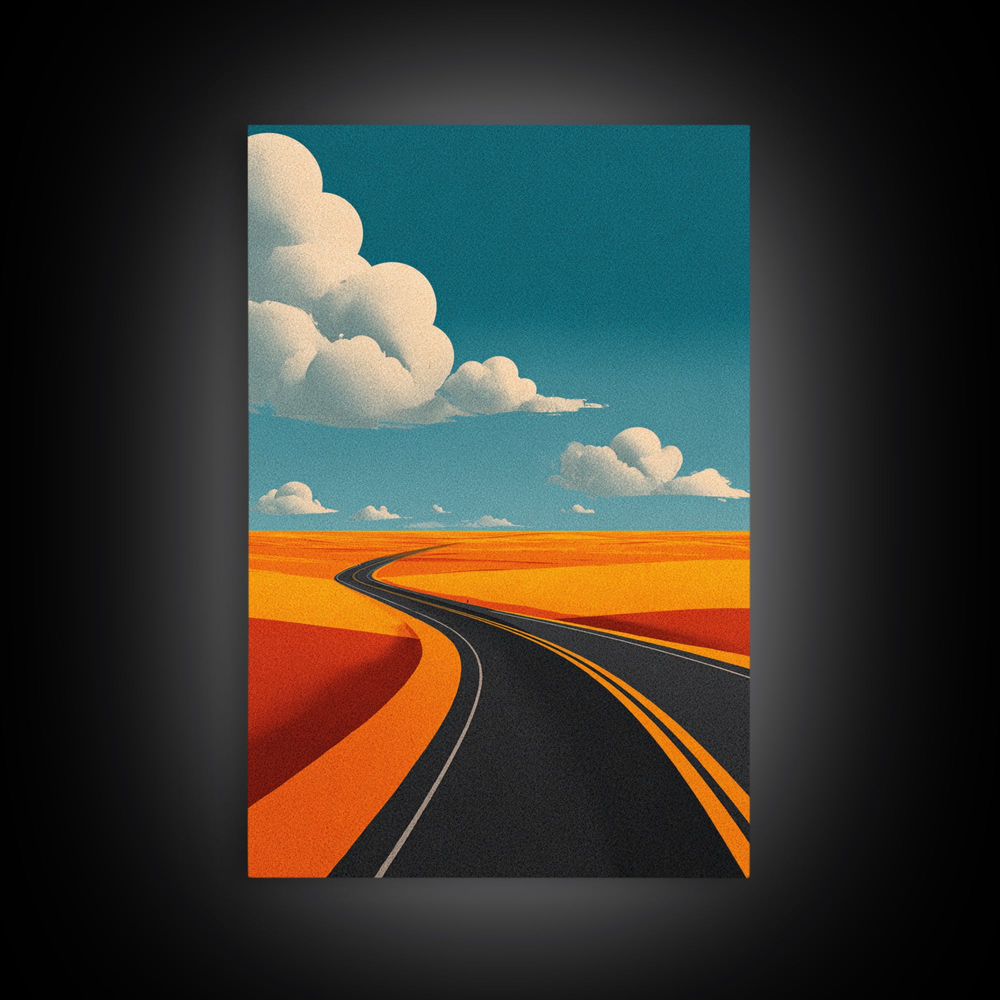 Curving Blacktop Across Orange Desert Canvas Print, Mid Century Modern Wall Art, Retro Road Trip Landscape Poster Home Decor
