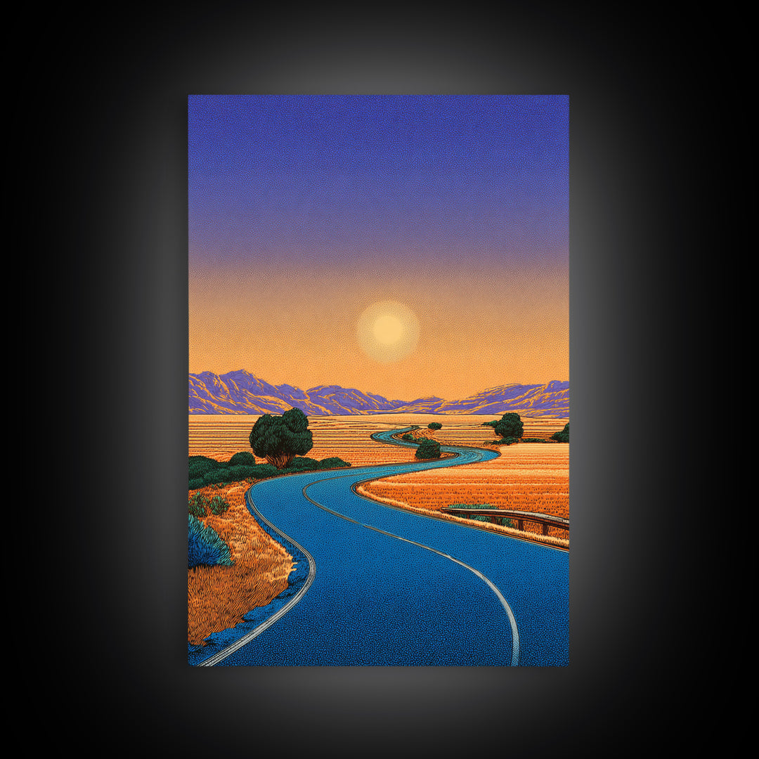 Golden Sunset Road Through Valley Wall Art, Mid Century Modern Landscape Print, Retro California Desert Home Decor Poster