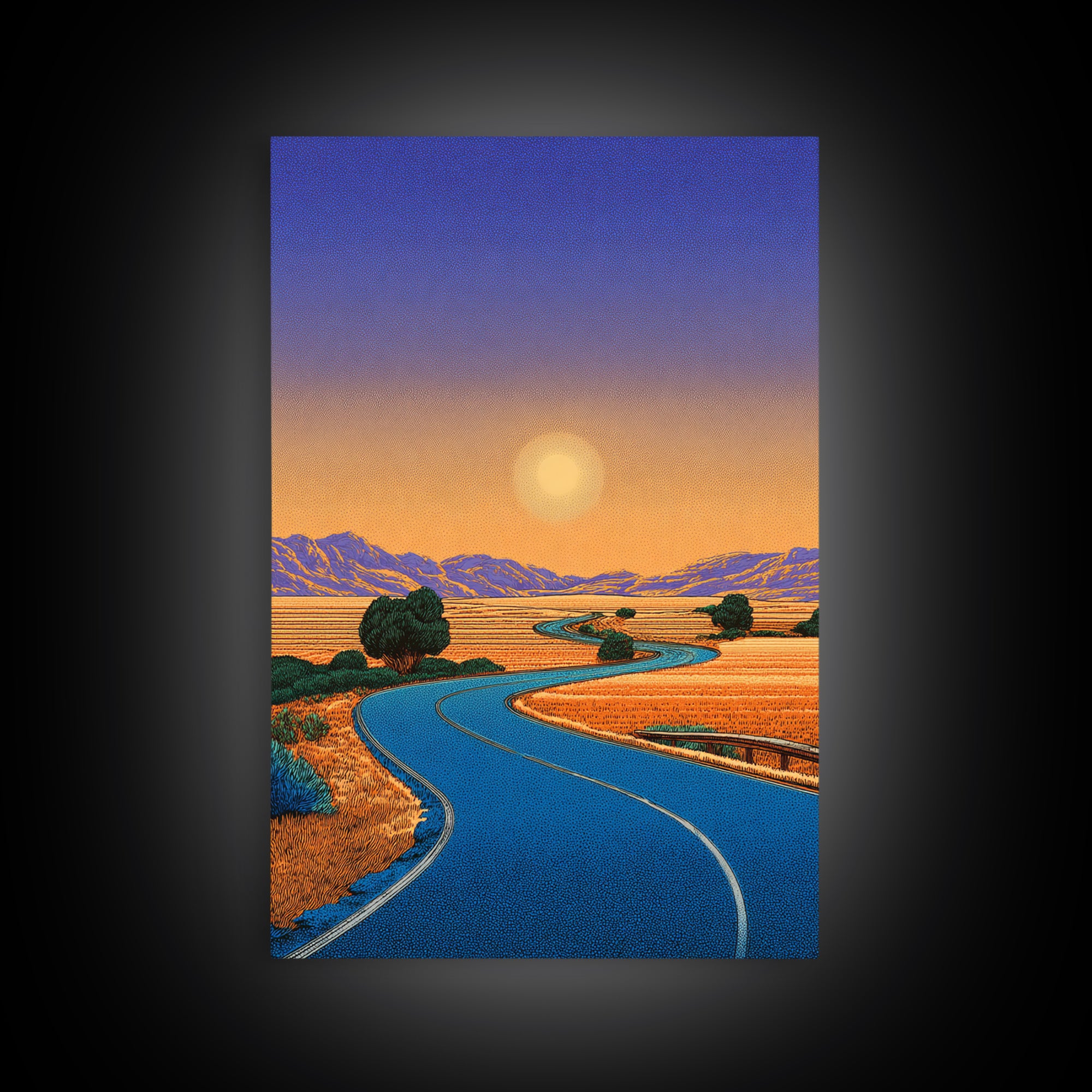 Golden Sunset Road Through Valley Wall Art, Mid Century Modern Landscape Print, Retro California Desert Home Decor Poster