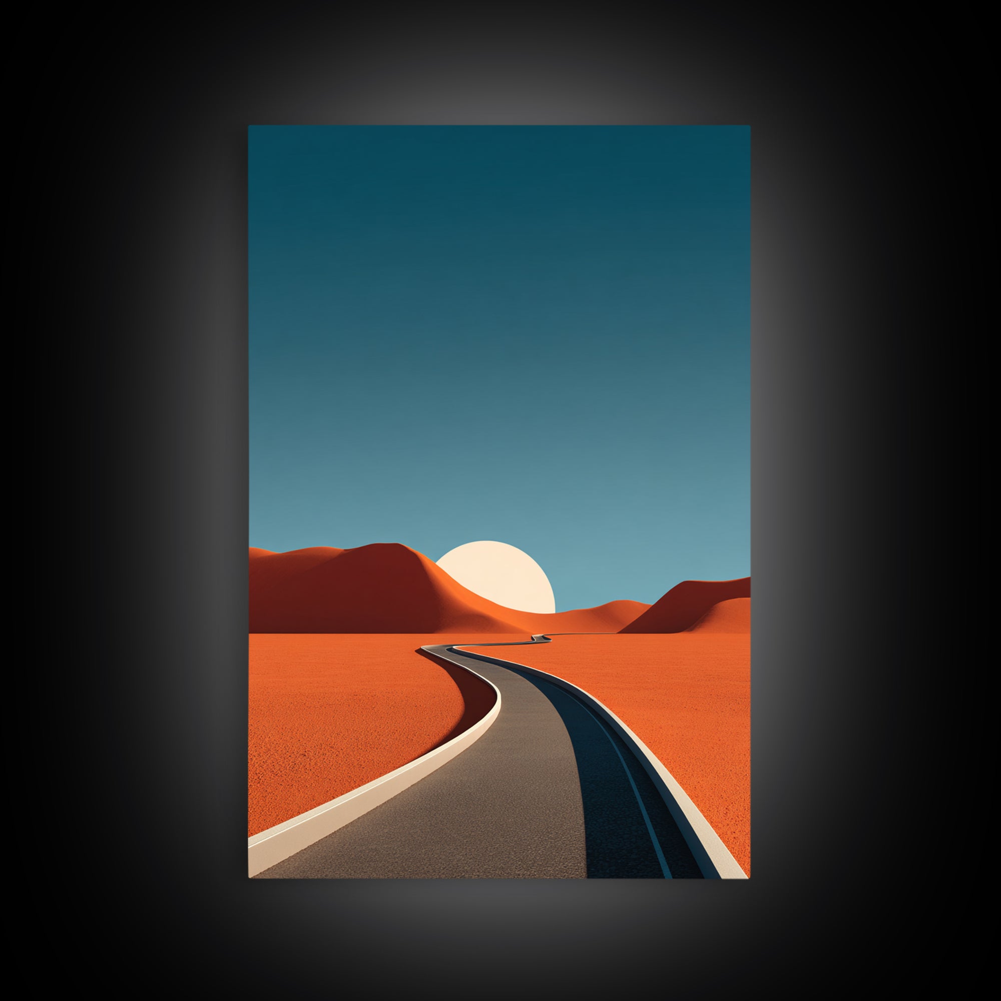 Minimal Desert Road With Low Sun Framed Canvas Print, Modern Abstract Wall Art, Midcentury Southwest Landscape Decor Poster
