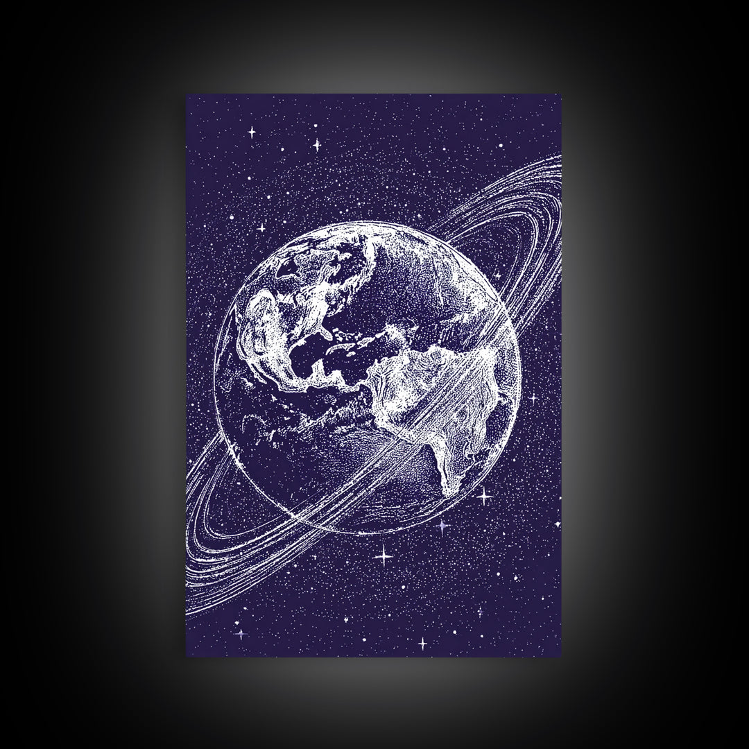 Purple Starry Earth With Saturn Rings Canvas Print, Cosmic Retro Wall Art, Modern Space Poster For Bedroom Decor Gift Print