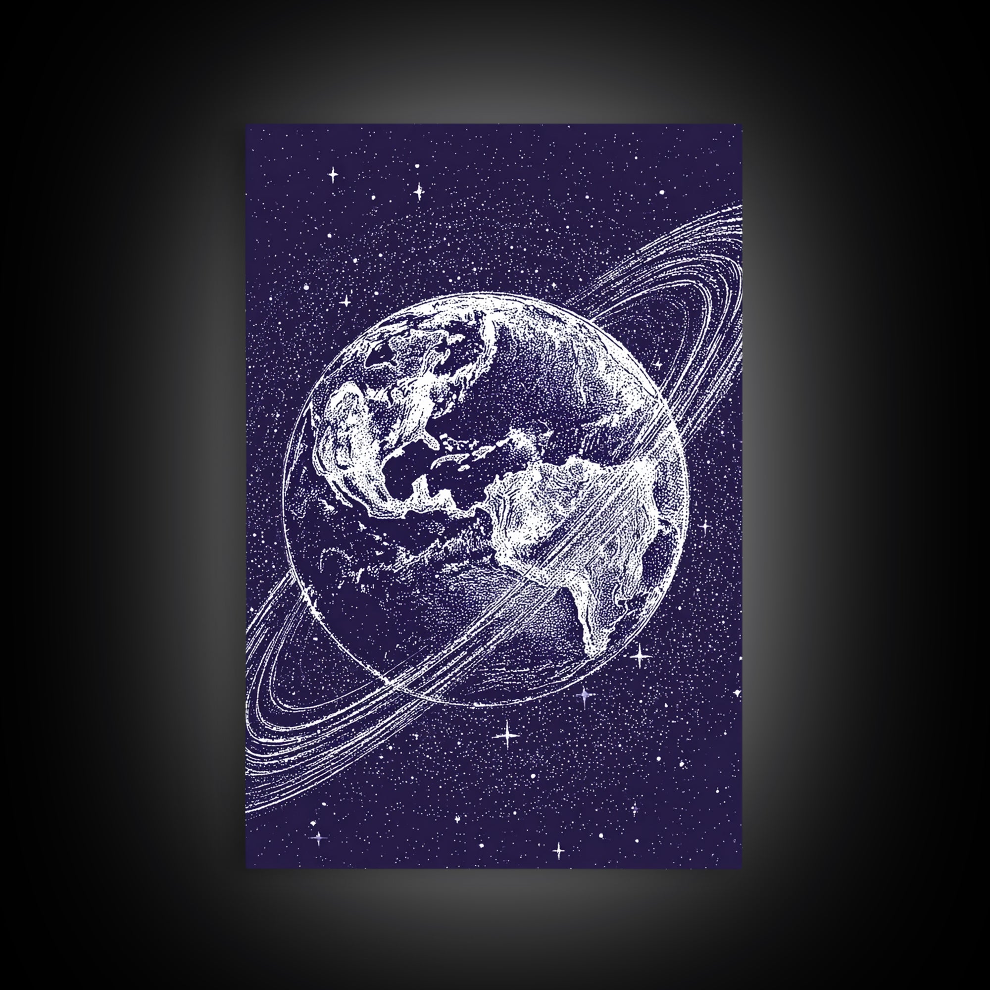 Purple Starry Earth With Saturn Rings Canvas Print, Cosmic Retro Wall Art, Modern Space Poster For Bedroom Decor Gift Print