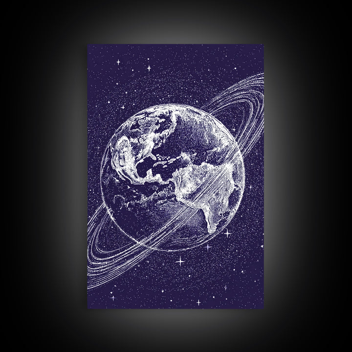 Purple Starry Earth With Saturn Rings Canvas Print, Cosmic Retro Wall Art, Modern Space Poster For Bedroom Decor Gift Print