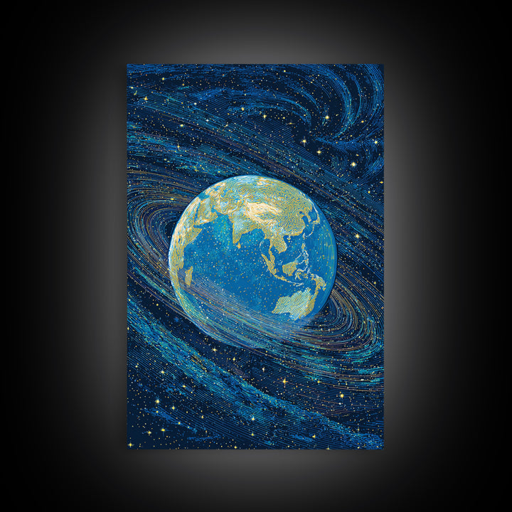 Blue Earth Wrapped In Starry Cosmic Swirls Wall Art, Modern Abstract Art Print, Retro Sci Fi Space Home Decor Poster Gift