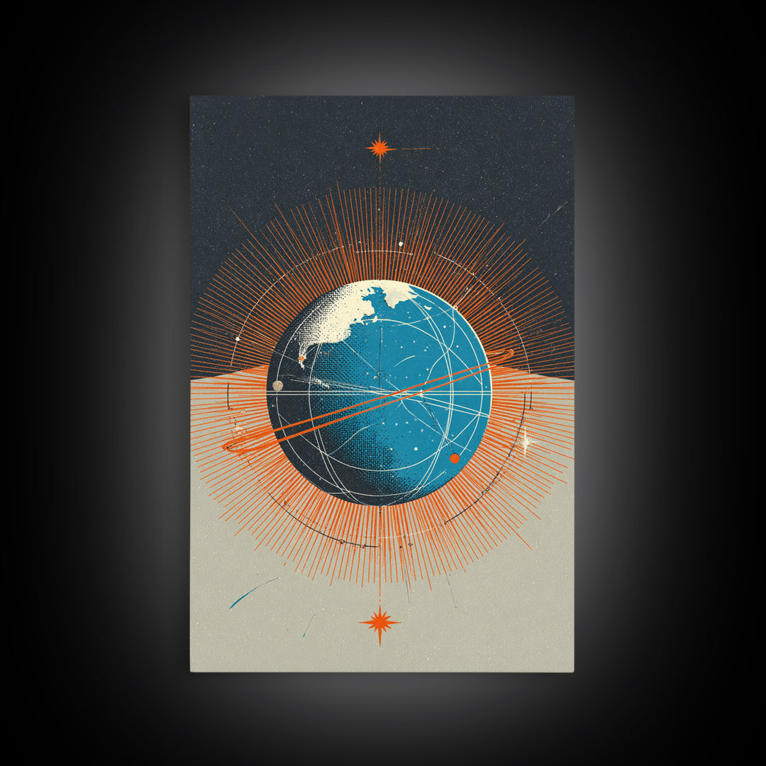 Orange Orbit Planet With Radiating Lines Framed Canvas Print, Modern Abstract Wall Art, Retro Sci Fi Space Decor Poster Gift