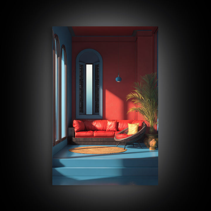 Red Sofa Blue Arch Interior Wall Art, Midcentury Modern Decor, Palm Springs Style, Bold Living Room Canvas Print Statement Home Decor