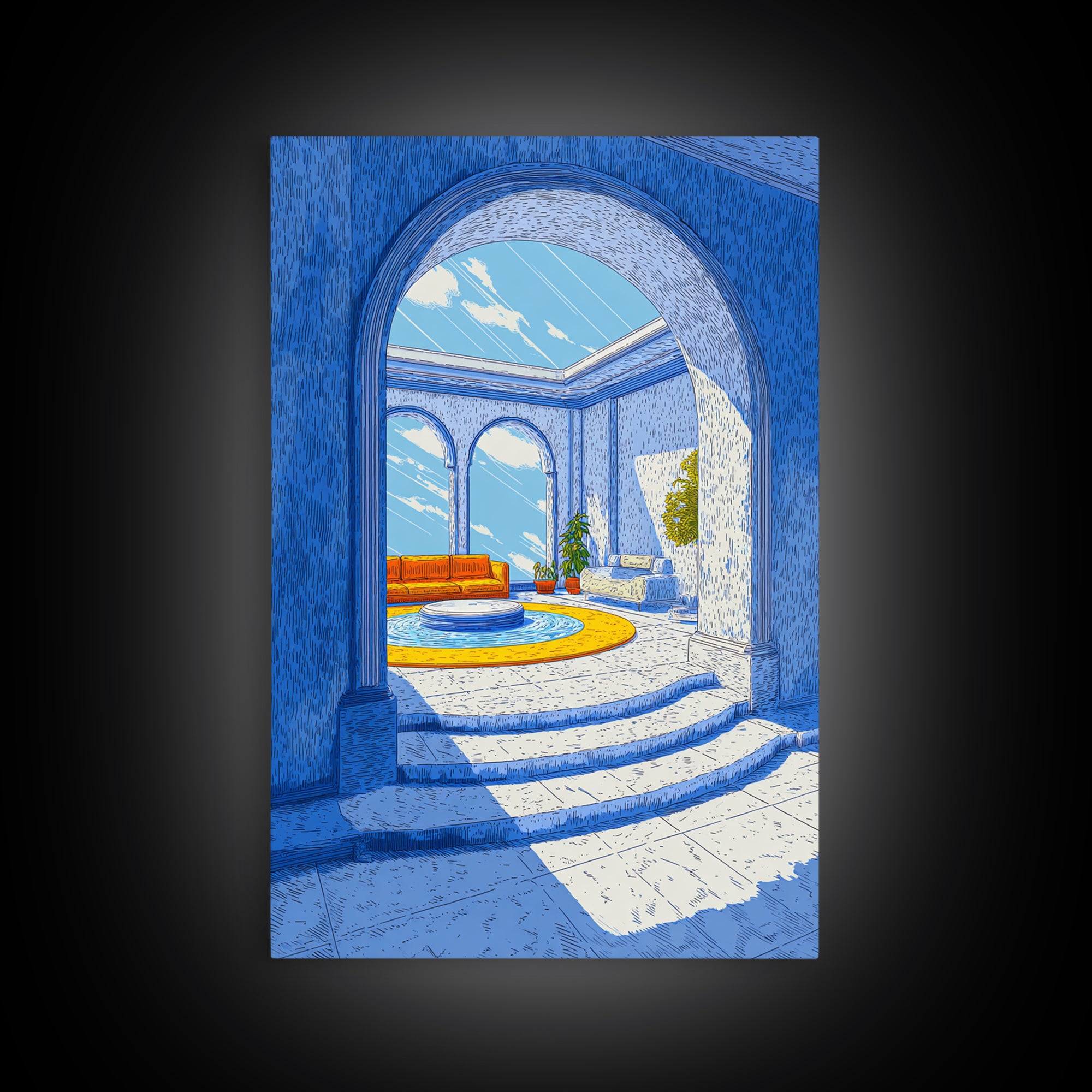 Blue Arched Sunroom With Orange Sofa Framed Canvas Print, Midcentury Modern Wall Art, Mediterranean Living Room Decor Poster
