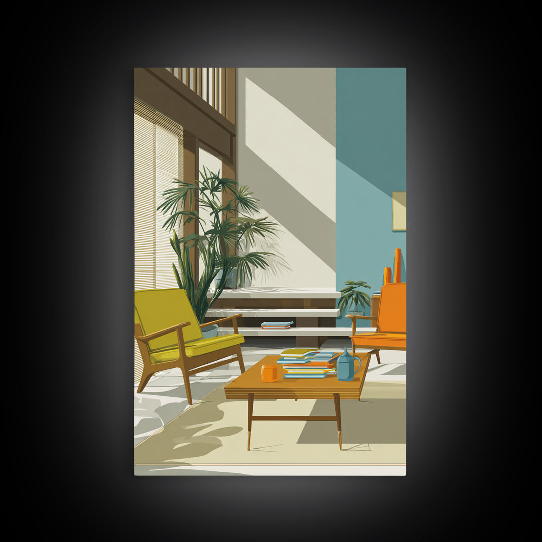 Yellow And Orange Lounge Chairs Canvas Print, Midcentury Modern Wall Art, Retro Living Room Decor, MCM Home Office Art Print