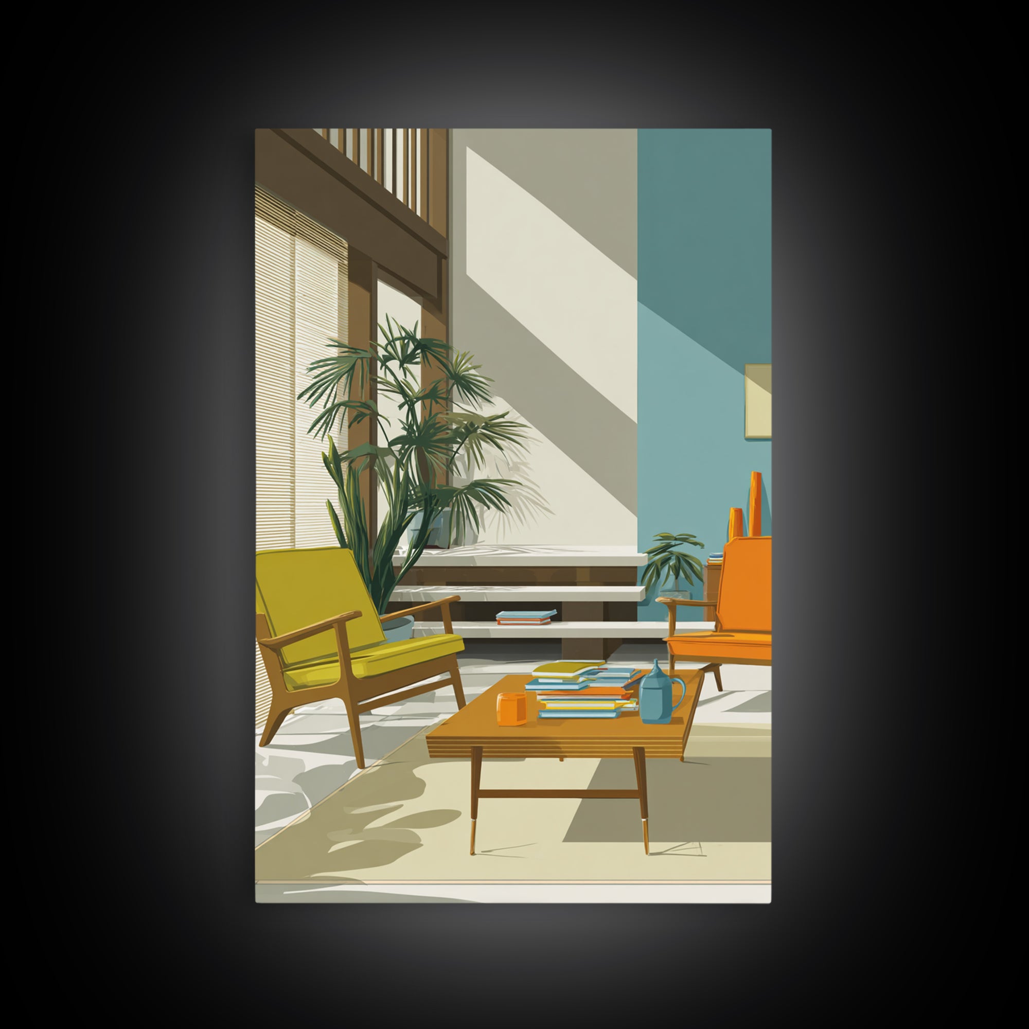 Yellow And Orange Lounge Chairs Canvas Print, Midcentury Modern Wall Art, Retro Living Room Decor, MCM Home Office Art Print