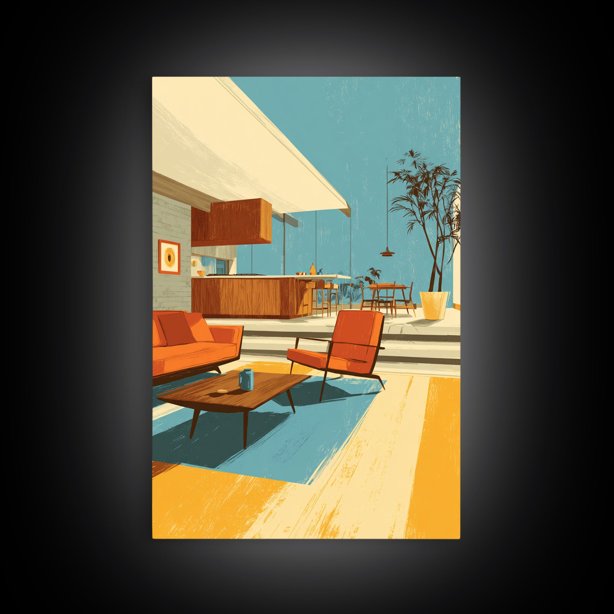 Orange Patio Chairs And Sunny Kitchen Wall Art, Midcentury Modern Decor, Retro Palm Springs Canvas Print, Bright Home Decor
