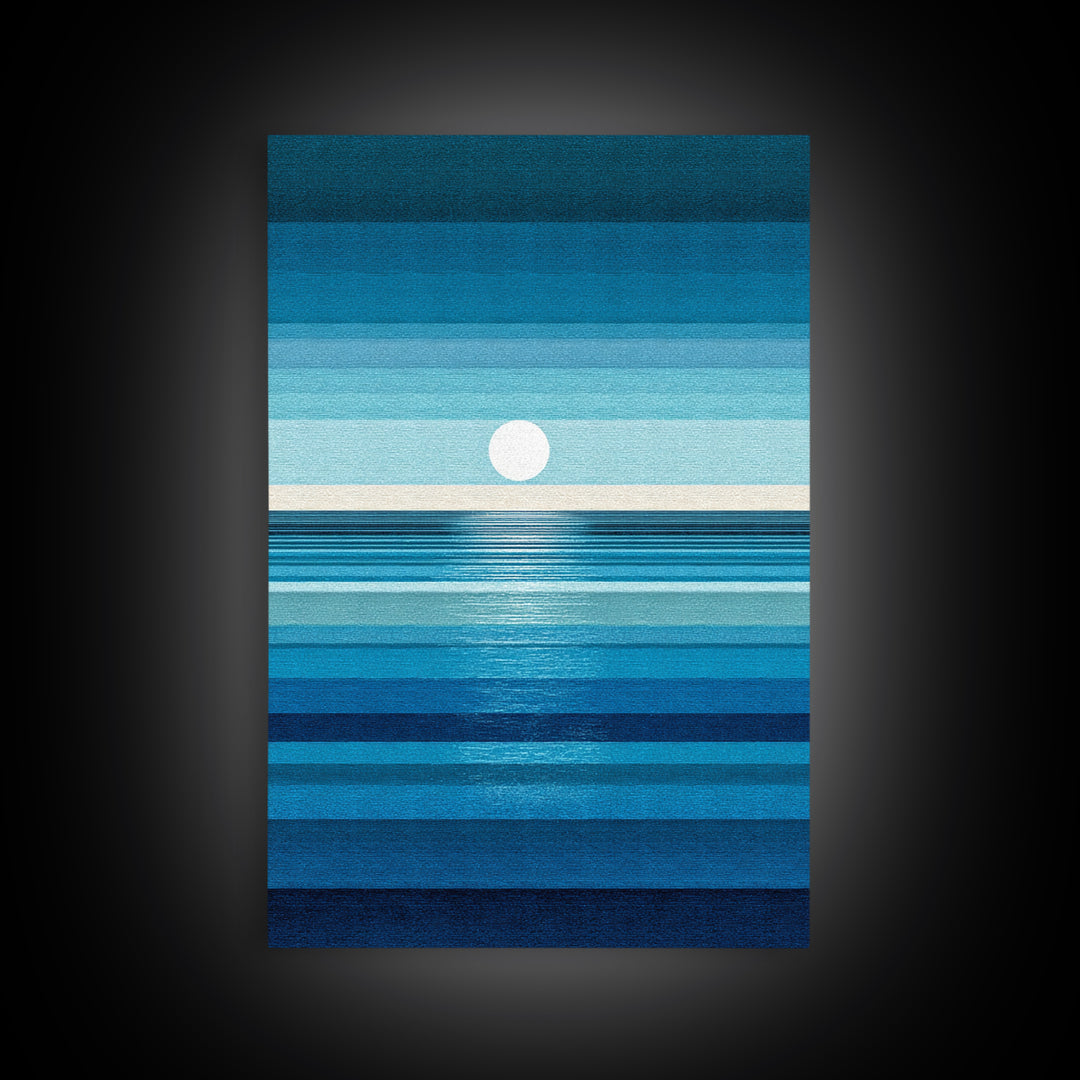 Minimal Blue Ocean Moon Stripes Wall Art, Modern Abstract Art Print, Coastal Bedroom Decor, Scandinavian Modern Canvas Print