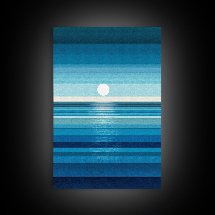 Minimal Blue Ocean Moon Stripes Wall Art, Modern Abstract Art Print, Coastal Bedroom Decor, Scandinavian Modern Canvas Print