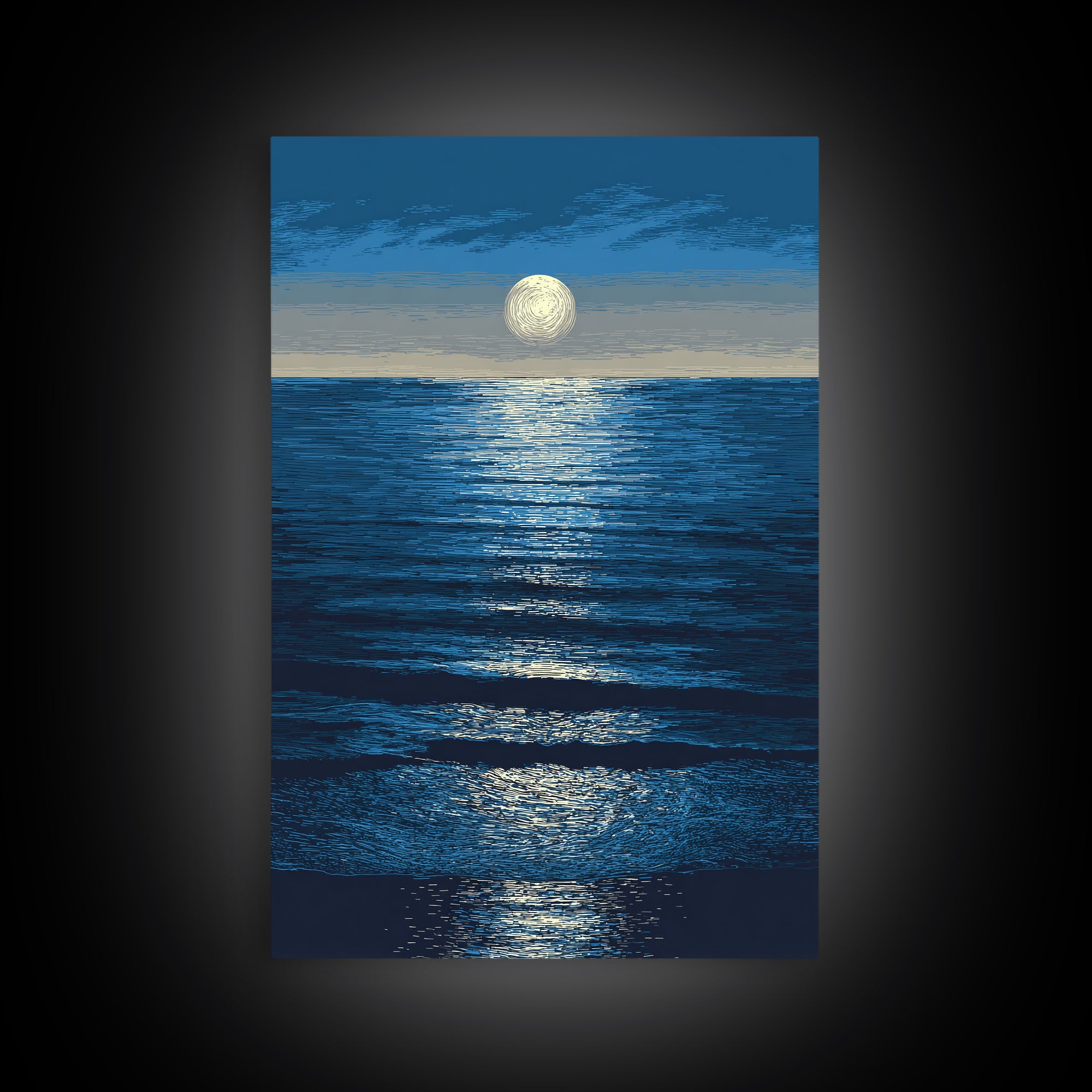 Moonlit Ocean Reflection Framed Canvas Print, Blue Wall Art, Modern Seascape Poster, Coastal Living Room And Bedroom Decor