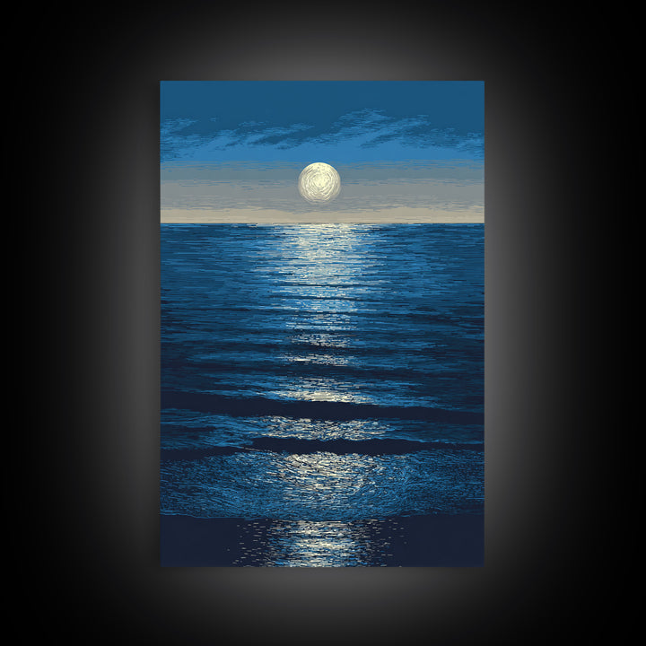 Moonlit Ocean Reflection Framed Canvas Print, Blue Wall Art, Modern Seascape Poster, Coastal Living Room And Bedroom Decor