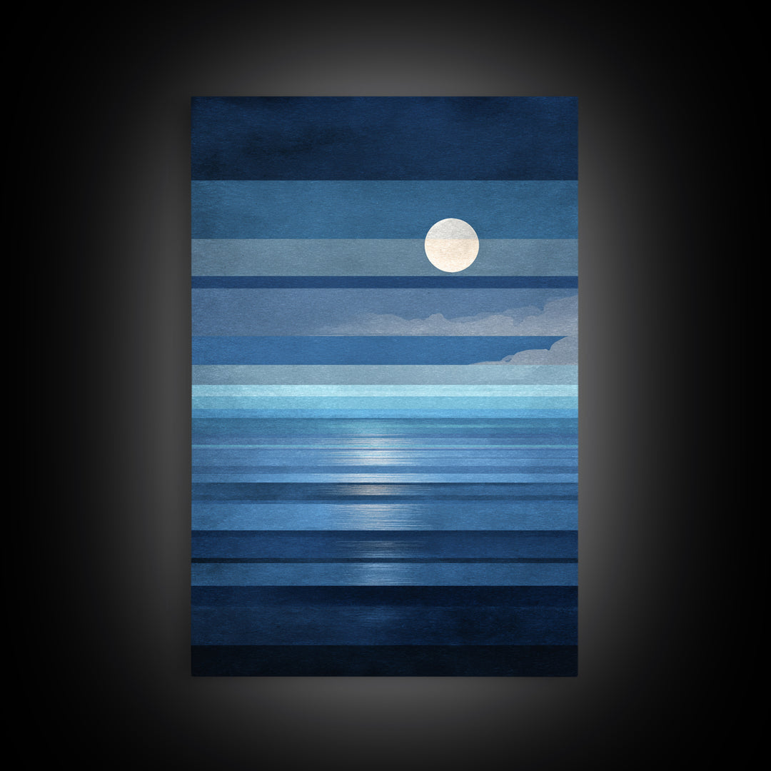 Minimalist Blue Moon Seascape Wall Art, Modern Abstract Ocean Print, Coastal Bedroom Decor, Large Canvas Print For Living Room