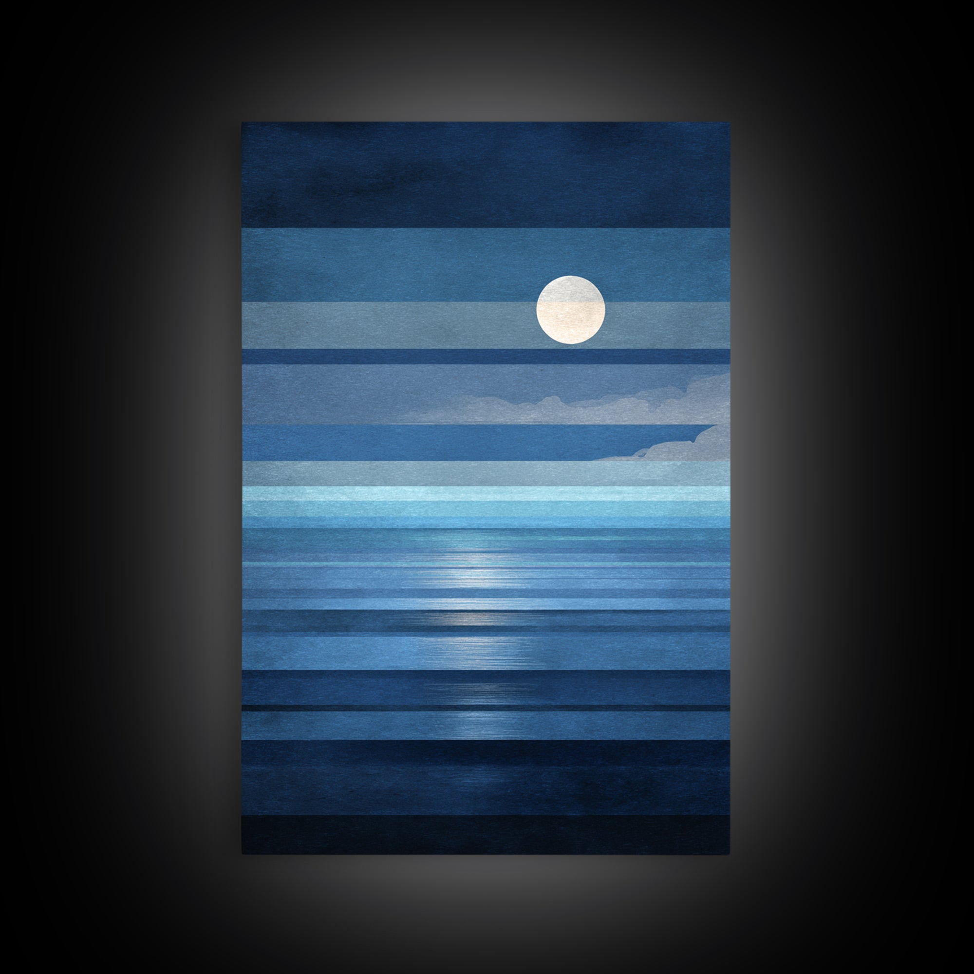Minimalist Blue Moon Seascape Wall Art, Modern Abstract Ocean Print, Coastal Bedroom Decor, Large Canvas Print For Living Room
