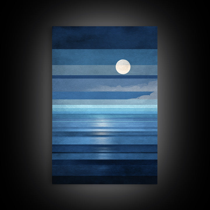 Minimalist Blue Moon Seascape Wall Art, Modern Abstract Ocean Print, Coastal Bedroom Decor, Large Canvas Print For Living Room