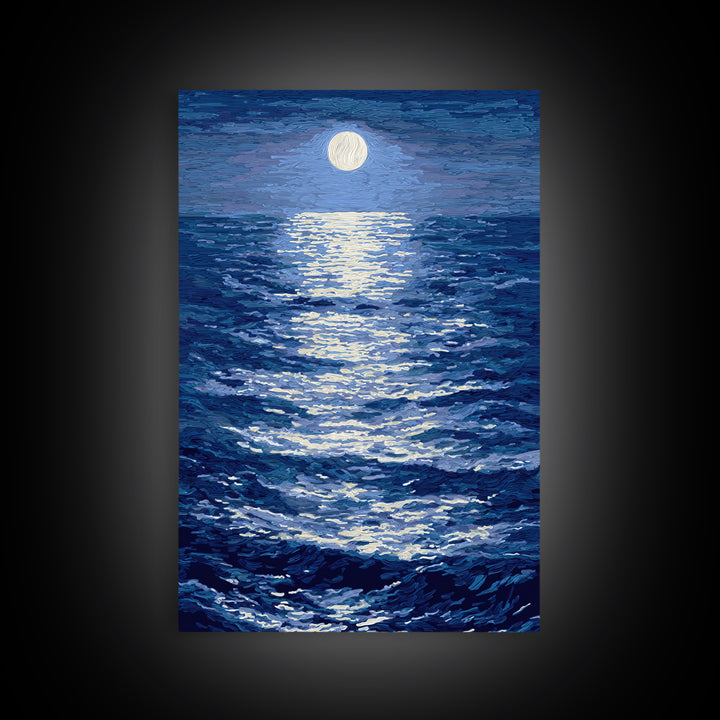 Textured Moonlit Waves Canvas Print, Blue Wall Art, Coastal Seascape Painting, Modern Living Room Decor, Ocean Art Print