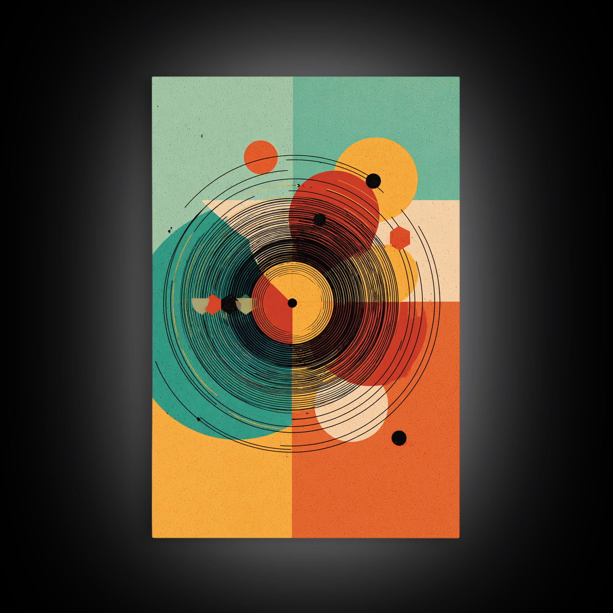 Concentric Circle Abstract Canvas Print, Midcentury Modern Wall Art, Teal Orange Bauhaus Poster, Retro Geometric Home Decor