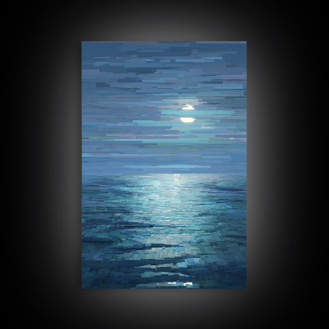 Pixelated Moon Over Calm Sea Wall Art, Modern Digital Art, Blue Coastal Canvas Print, Abstract Seascape Living Room Decor