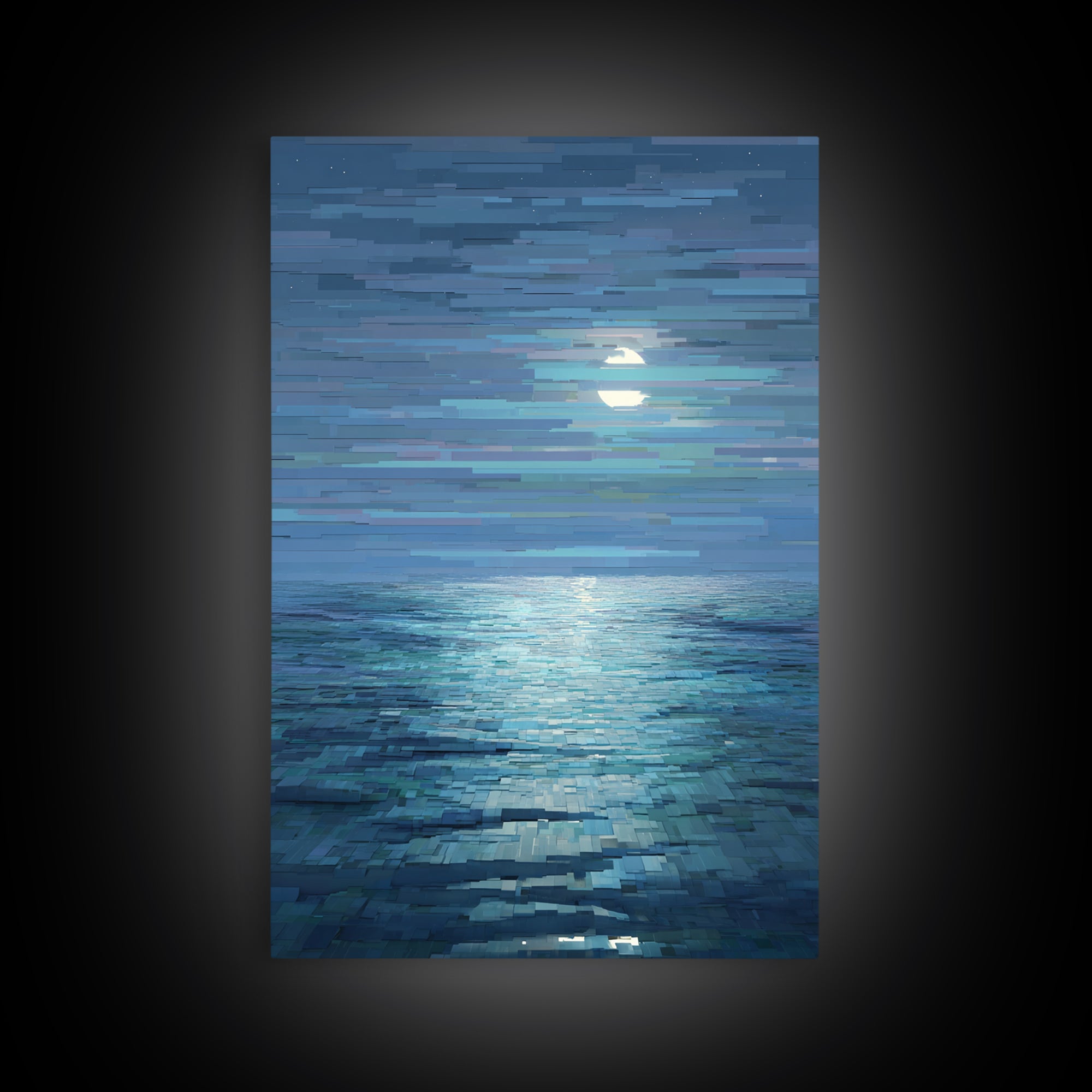 Pixelated Moon Over Calm Sea Wall Art, Modern Digital Art, Blue Coastal Canvas Print, Abstract Seascape Living Room Decor