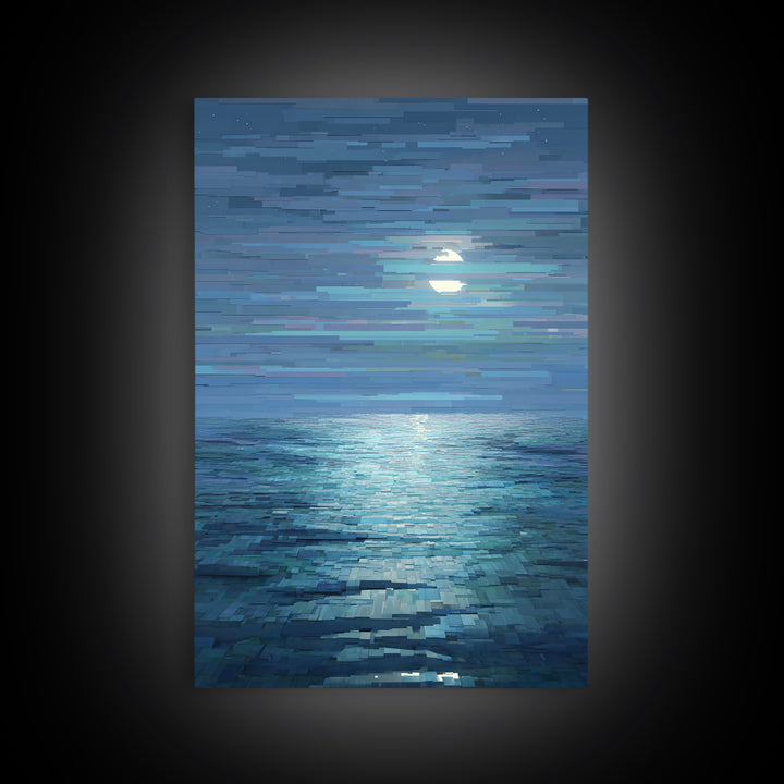 Pixelated Moon Over Calm Sea Wall Art, Modern Digital Art, Blue Coastal Canvas Print, Abstract Seascape Living Room Decor