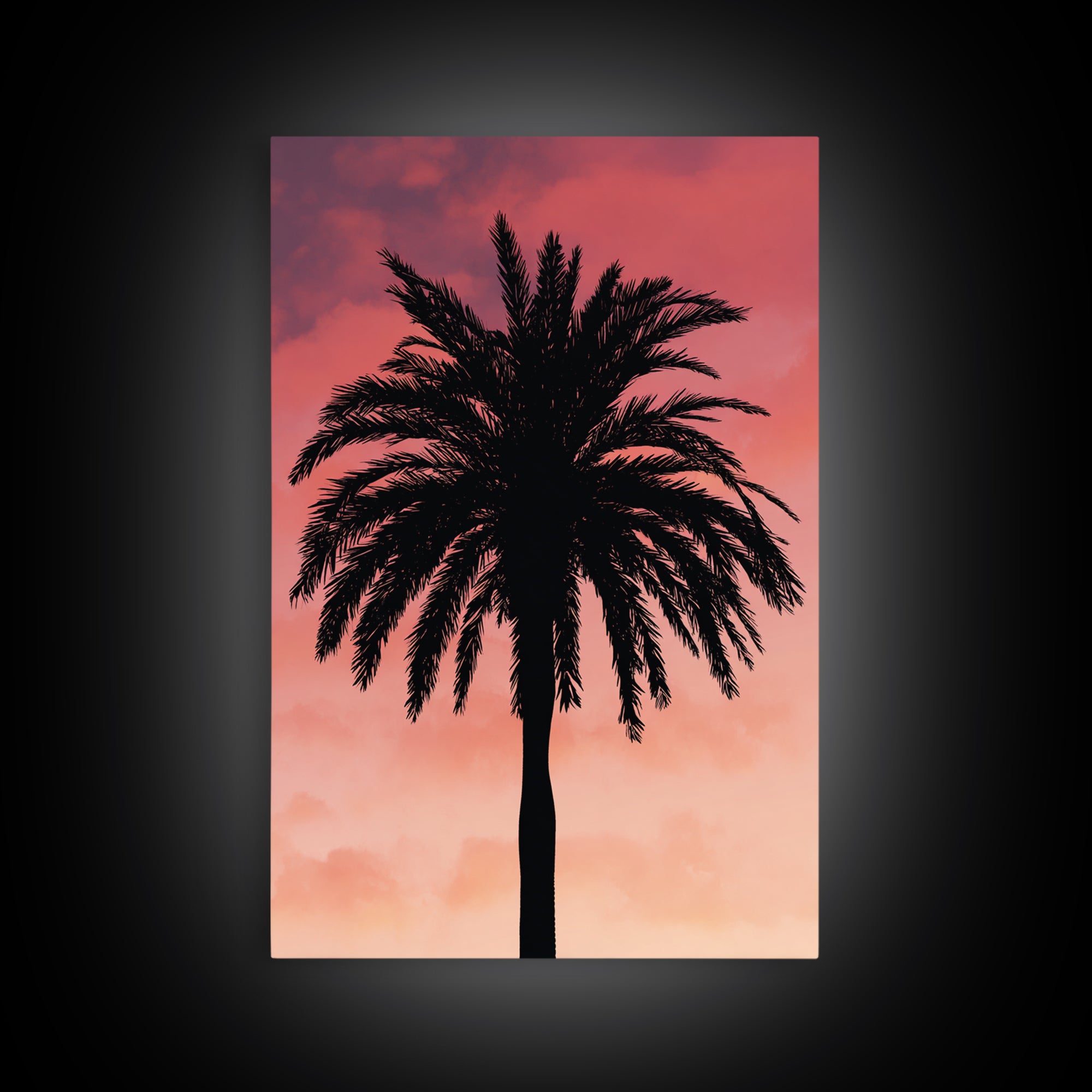 Cloudy Coral Palm Silhouette Sunset Canvas Print, Retro Tropical Wall Decor, Palm Springs Poster, Coastal Bedroom Art Print
