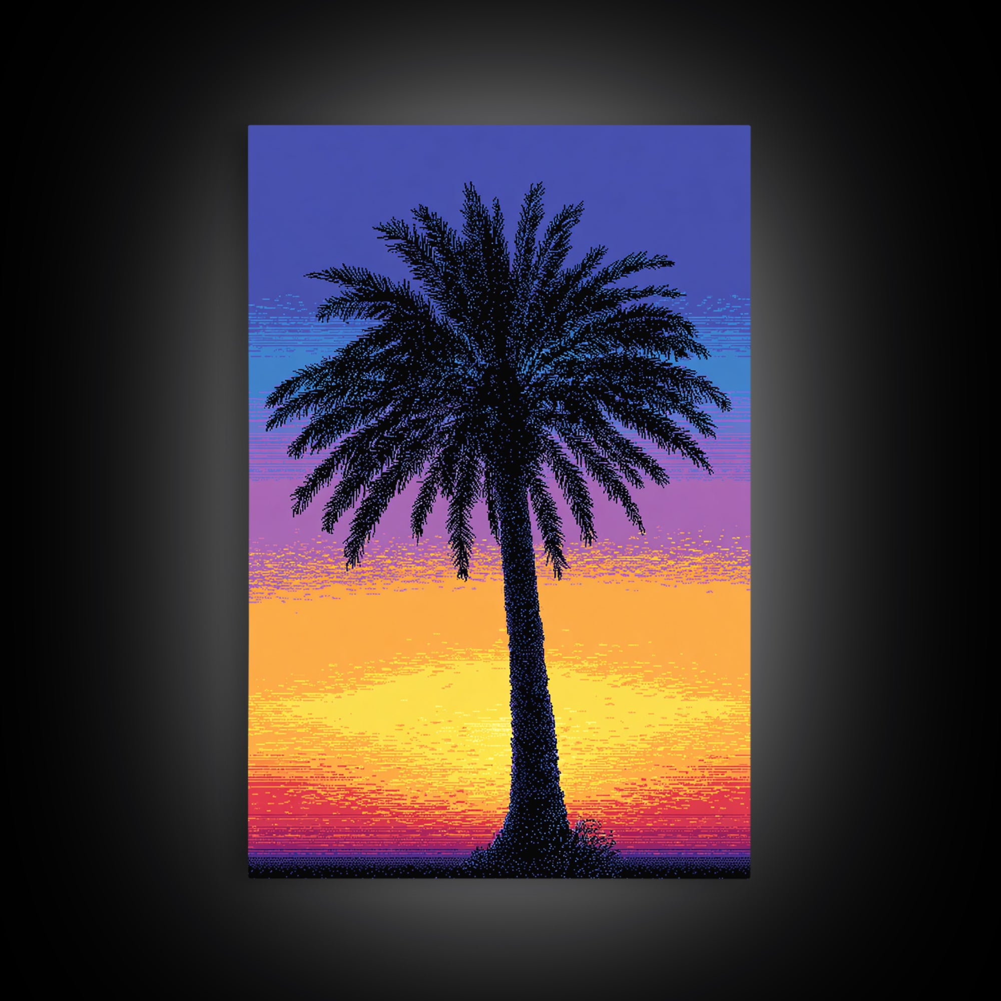 Pixel Palm Tree Against Blue Yellow Sunset Wall Art, Retro Digital Poster, Tropical MCM Wall Decor, Colorful Coastal Print
