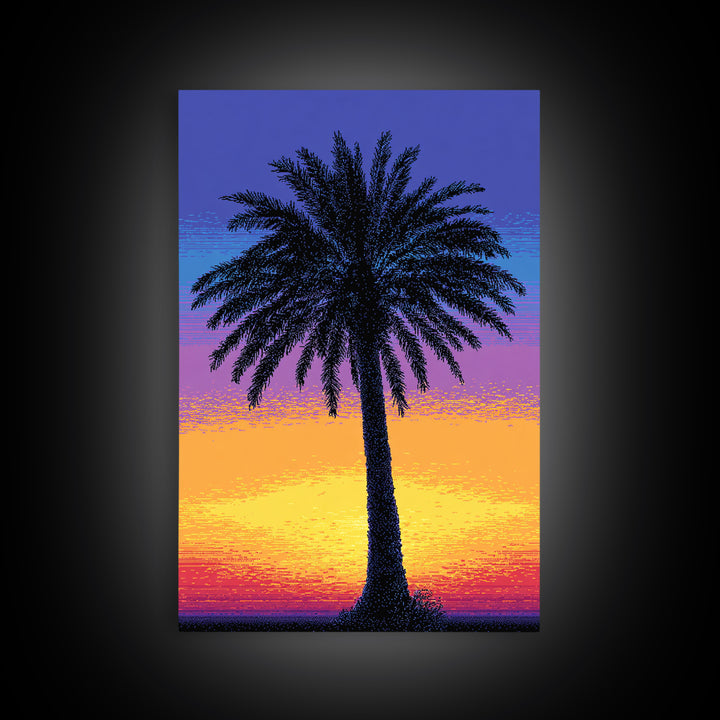 Pixel Palm Tree Against Blue Yellow Sunset Wall Art, Retro Digital Poster, Tropical MCM Wall Decor, Colorful Coastal Print