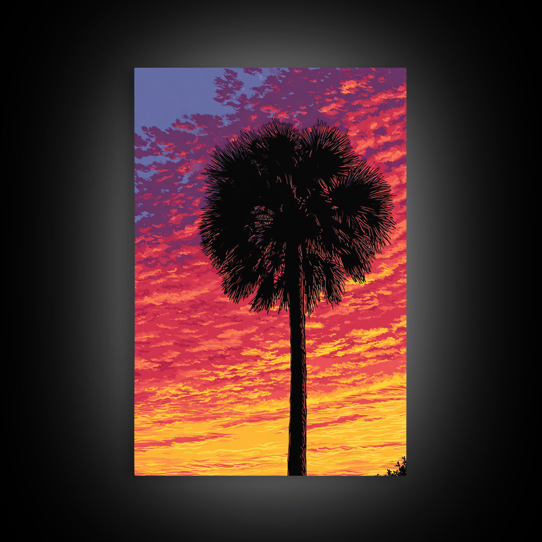 Fiery Palmetto Silhouette In Magenta Sunset Wall Art, Retro Tropical Poster, Palm Springs Decor, Bold Coastal Art Print Gift