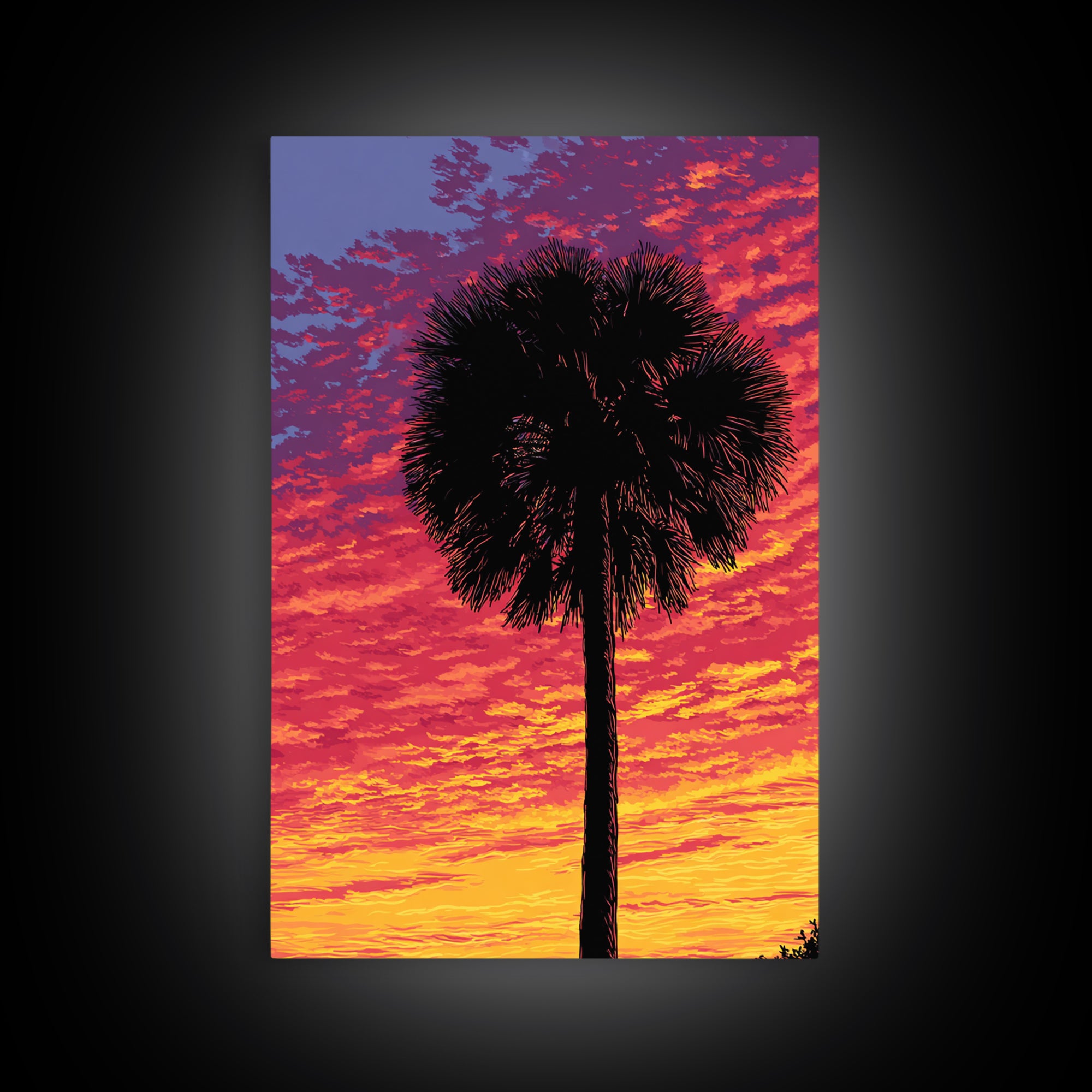 Fiery Palmetto Silhouette In Magenta Sunset Wall Art, Retro Tropical Poster, Palm Springs Decor, Bold Coastal Art Print Gift