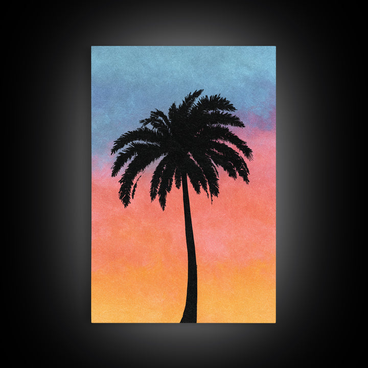 Textured Palm Silhouette With Coral Blue Sky Canvas Print, Retro Tropical Wall Decor, Palm Springs Style, Coastal Art Print