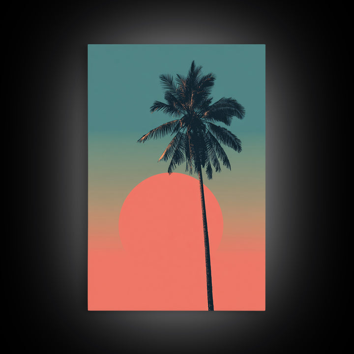 Minimal Palm Tree With Coral Sun Canvas Print, Retro Tropical Poster, Palm Springs Decor, Mid Century Modern Wall Art Print